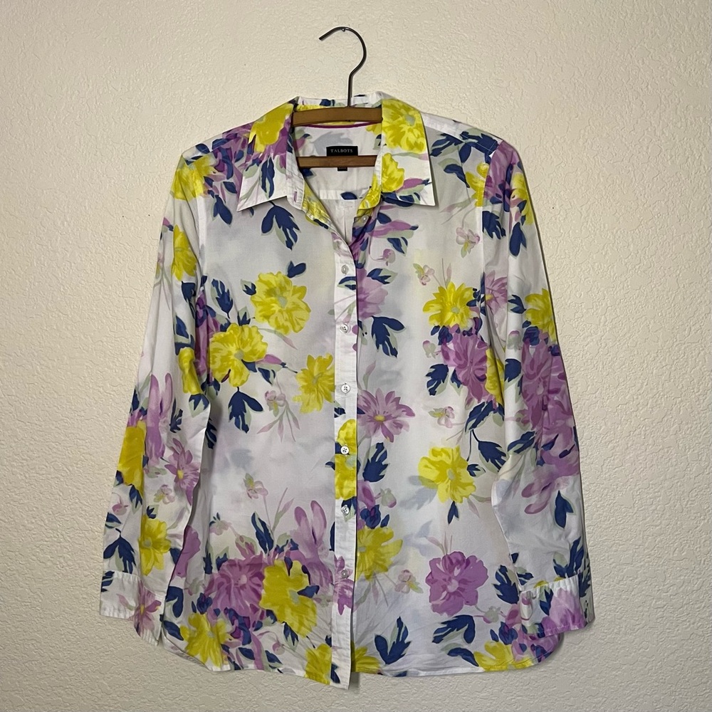 Womens Talbots Long Sleeve Floral Button Down Blouse Lavender and Yellow Size M